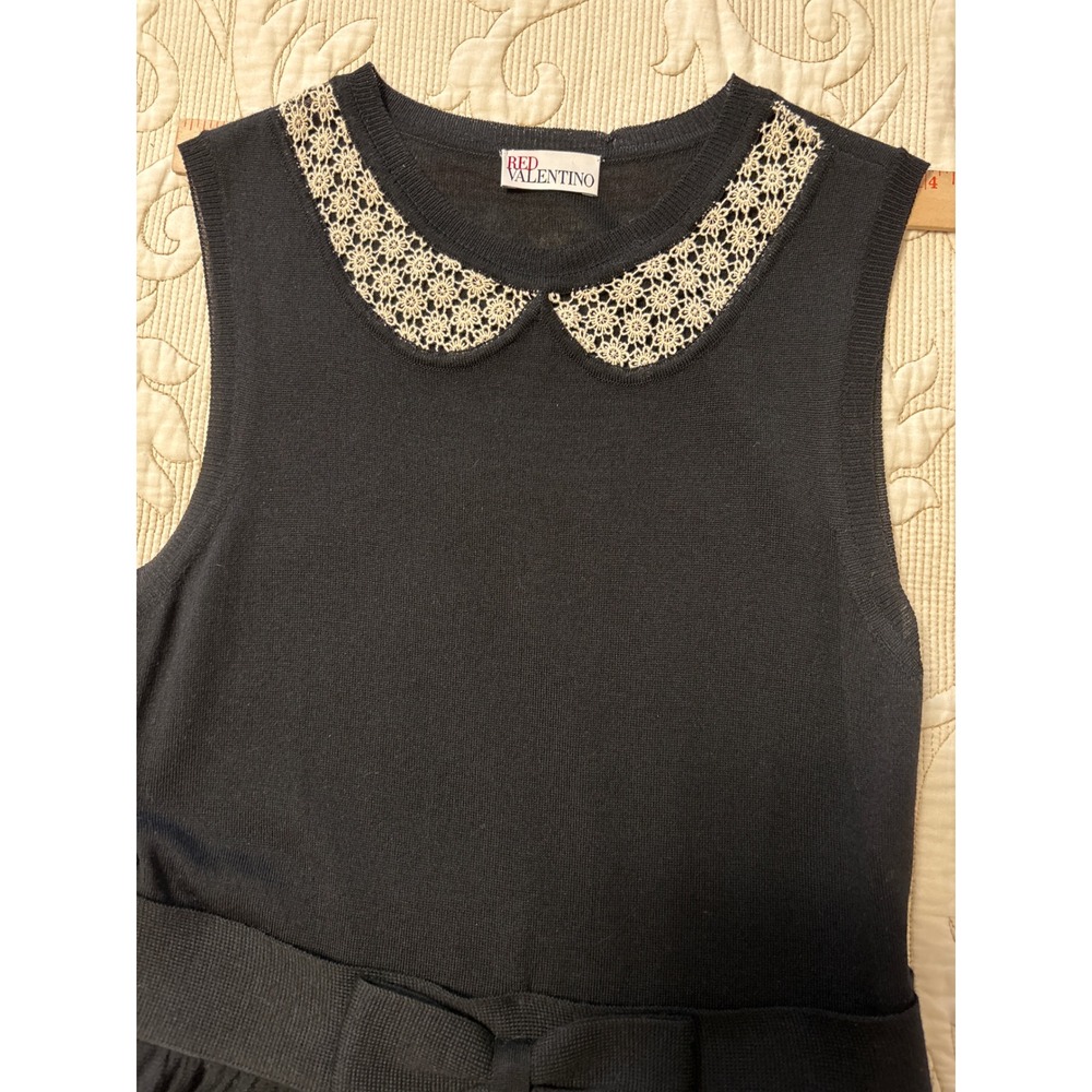 RED Valentino Black Knit Sleeveless Dress Lace Peter Pan Collar Bow Waist - Picture 6 of 11